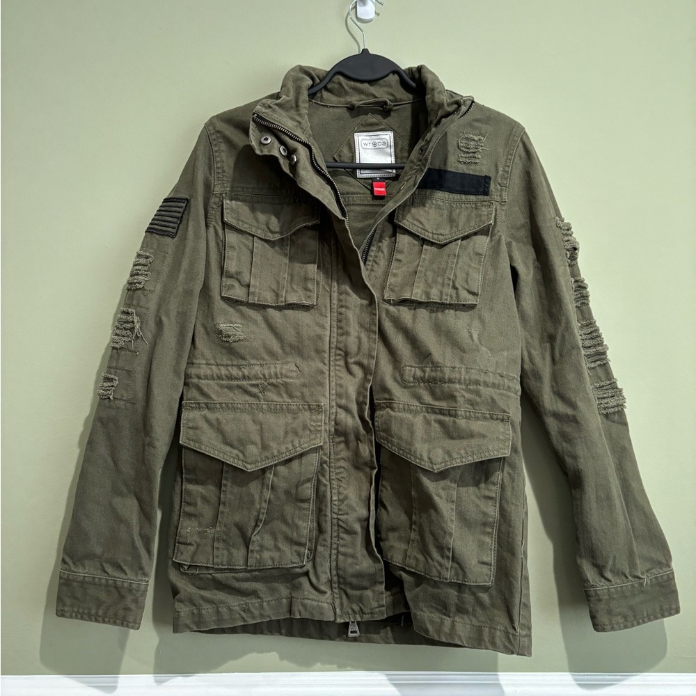 🌳 WT 02 olive green denim green bomber jacket with distressed sleeves size S 🌳